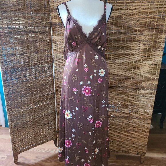 Old Navy Satin Maxi Dress L Brown pink white floral Halter Style Top Open Back - Picture 6 of 6